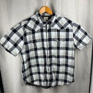 Lucky Brand Pearl Snap Shirt Men’s XL Khaki Black Plaid SS Thick Western Chores